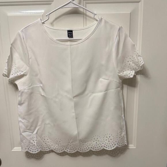 White Short Sleeve Top with Scalloped Laser Cut Edges - Picture 2 of 8